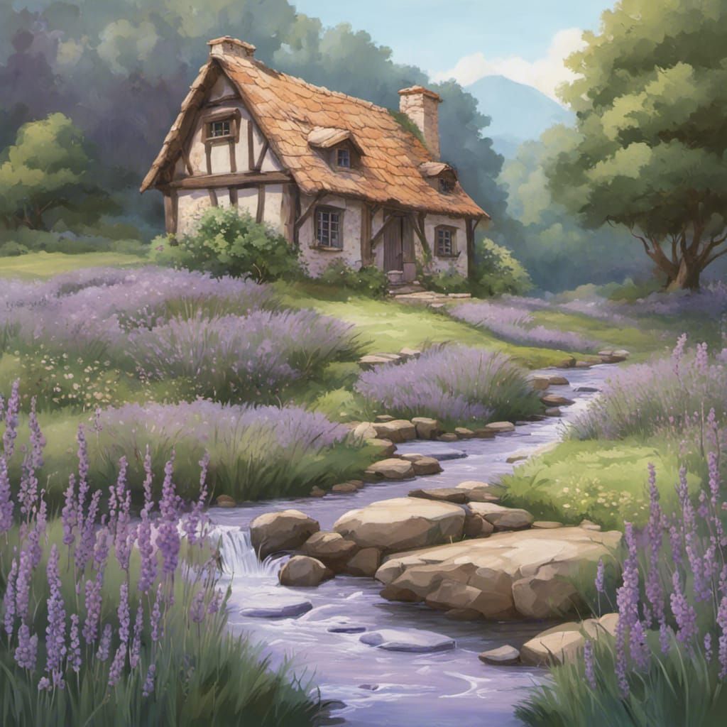 Medieval Cottage by Stream with Lavender Bush