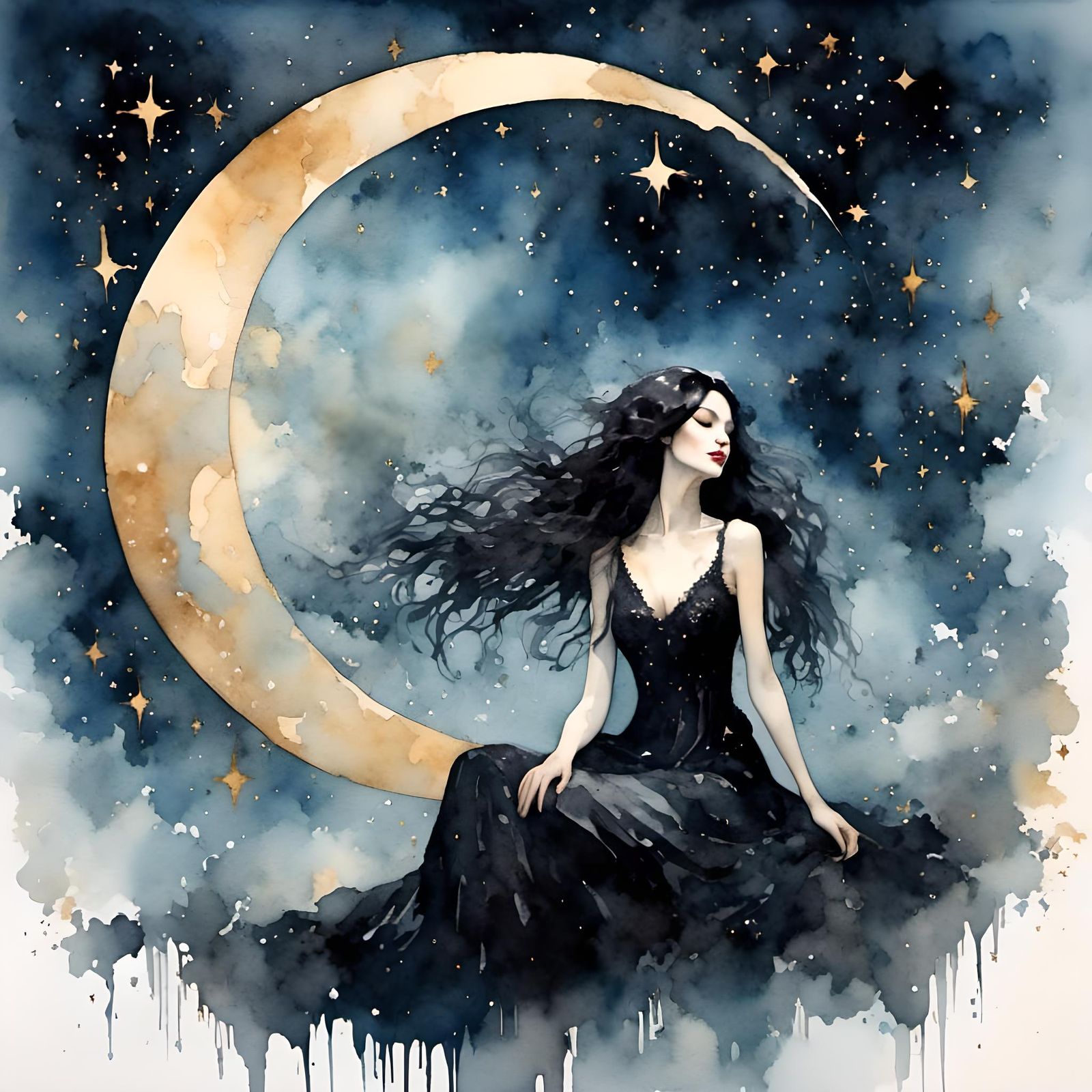 Gothic Woman on the Moon in Watercolor Style