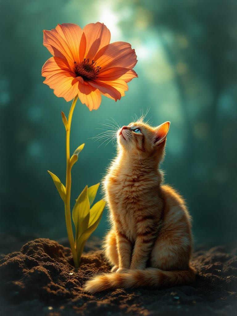 Adorable Cat Under Giant Flower, Retro-Modern Digital Art