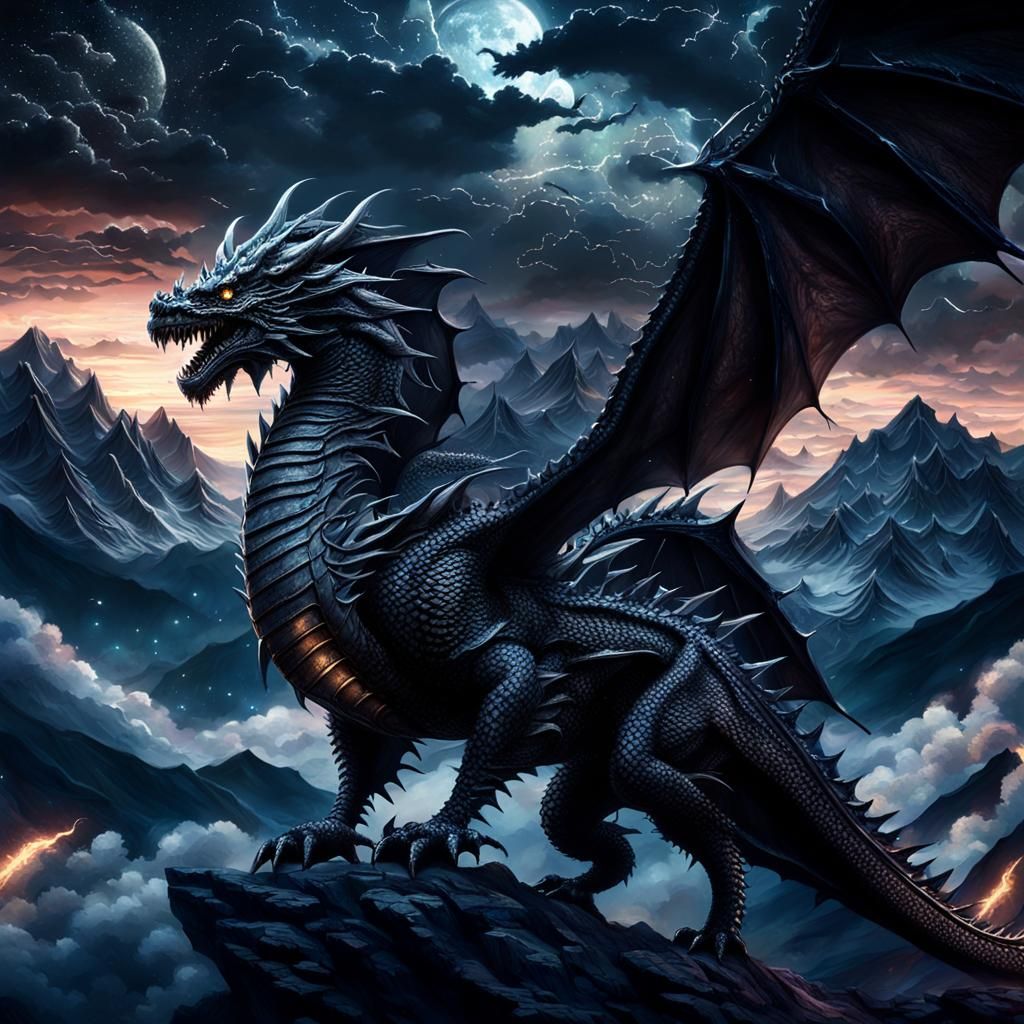 Epic Black Dragon Soaring Through Night Sky