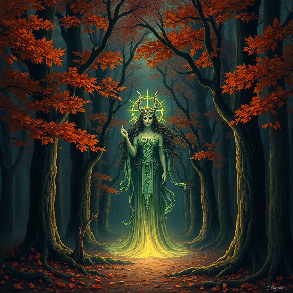 Hecate in Autumn Forest, Classical Art Style