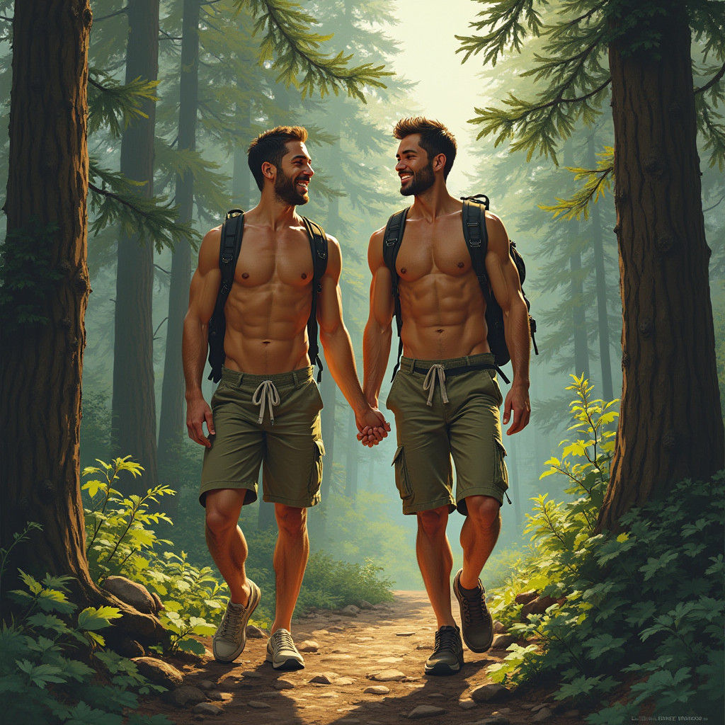 Joyful Couple Hiking: A Hyperrealistic Illustration