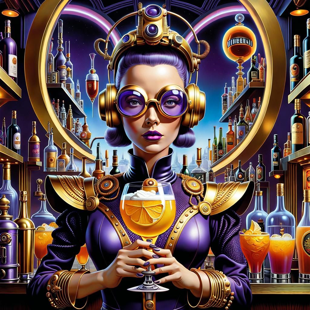Cyborg Bartender in Neo-Futuristic Bar, Digital Art