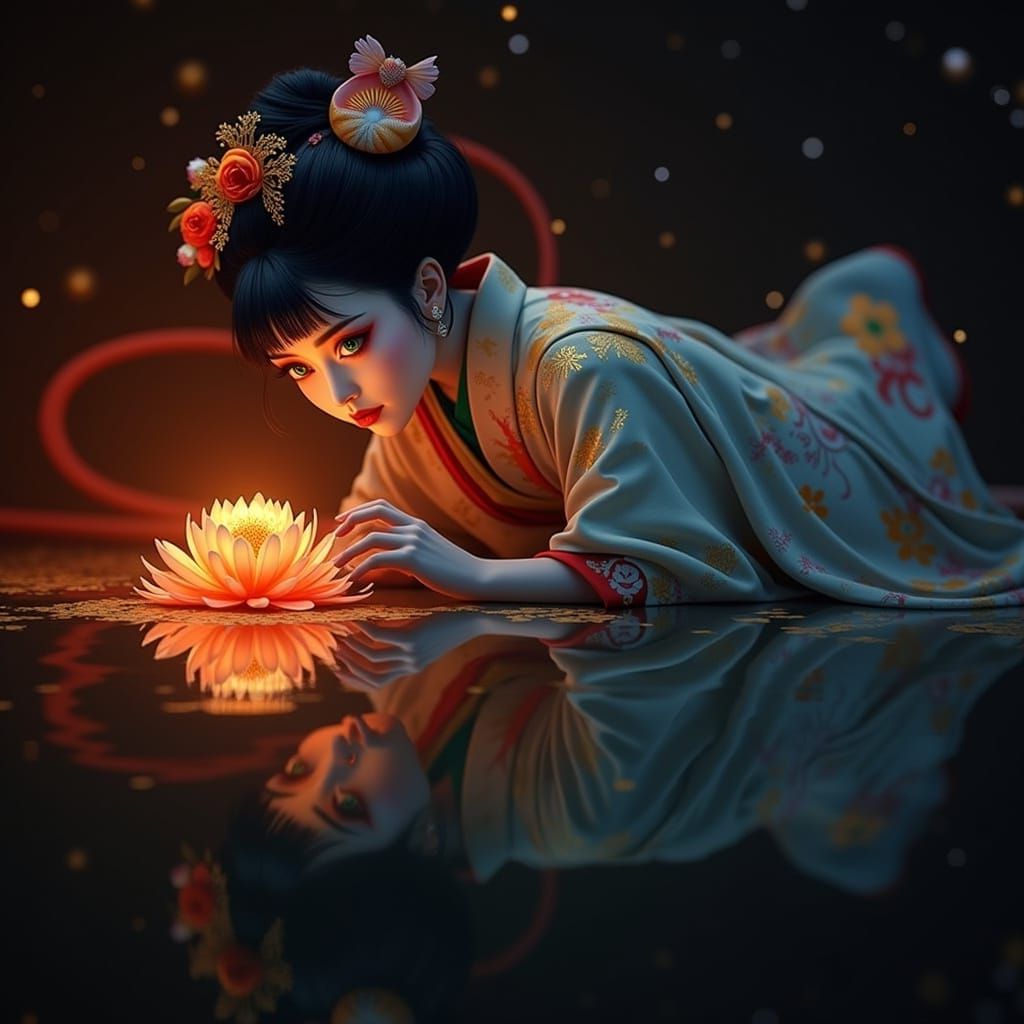 Geisha Portrait with Mirrored Reflection