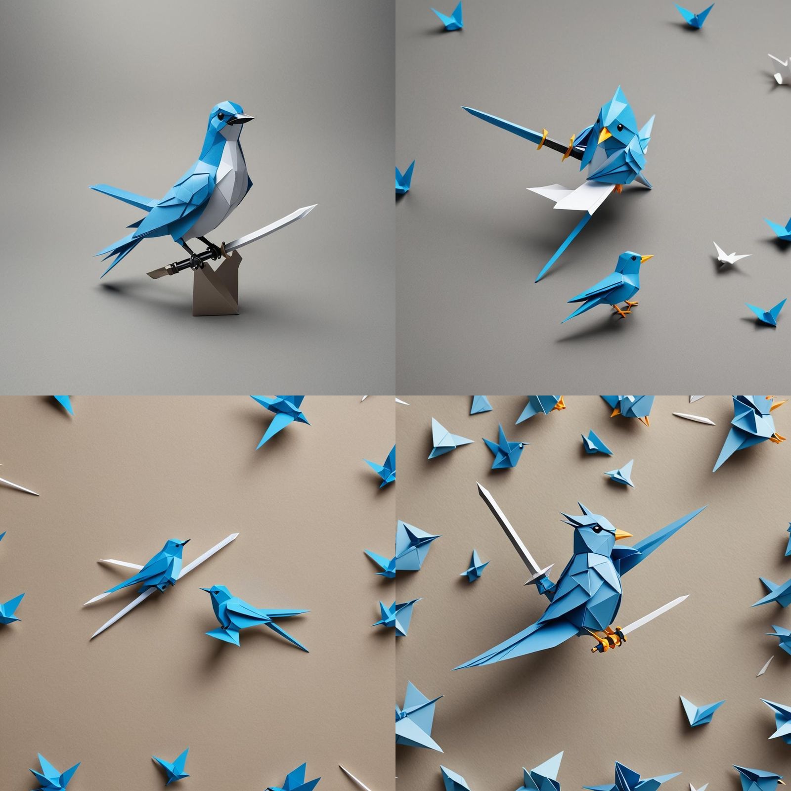 Majestic Blue Bird Wields a Sword in Origami Paper Art