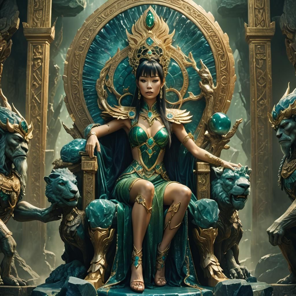 Fantasy Goddess on Agate Throne with Minotaurs