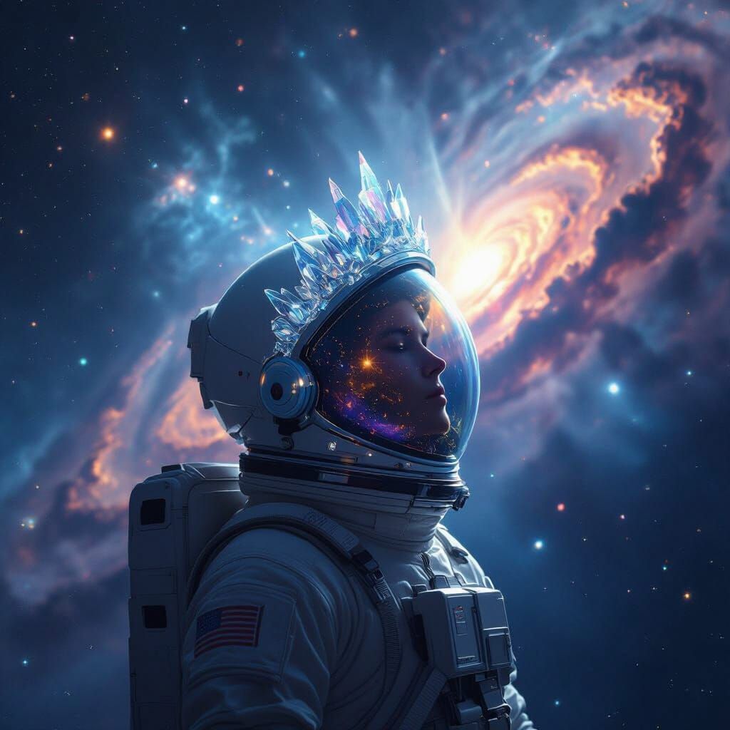 Astronaut Adorned with Crystal Crown in Cosmic Nebula