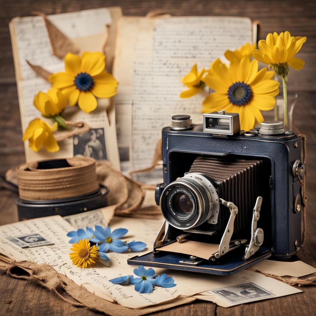 Vintage Camera and Floral Scrapbook Page: Digital Art