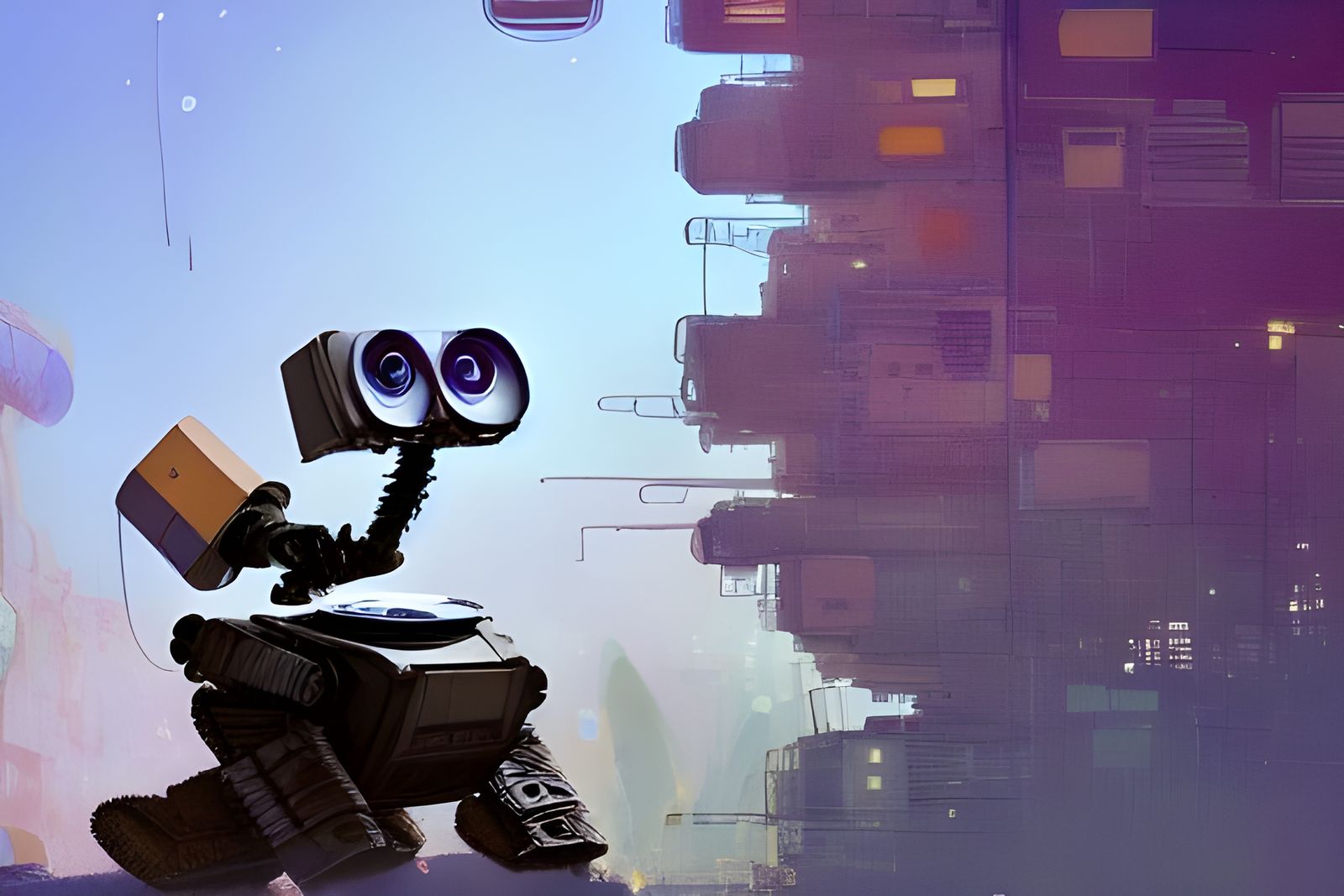 Wall-E Robot in Cityscape, Cel-Shaded Digital Art