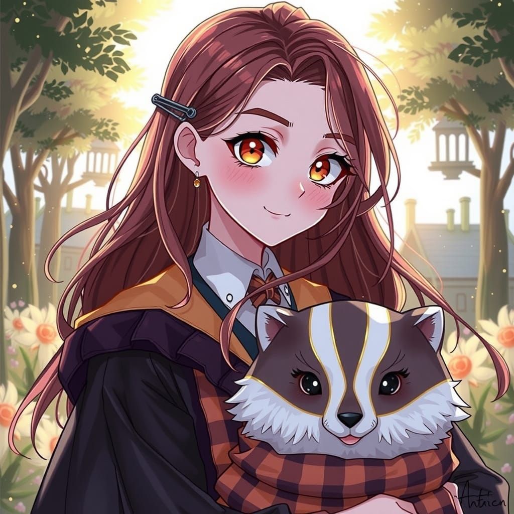 Confident Hufflepuff Girl in Anime Key Visual Style