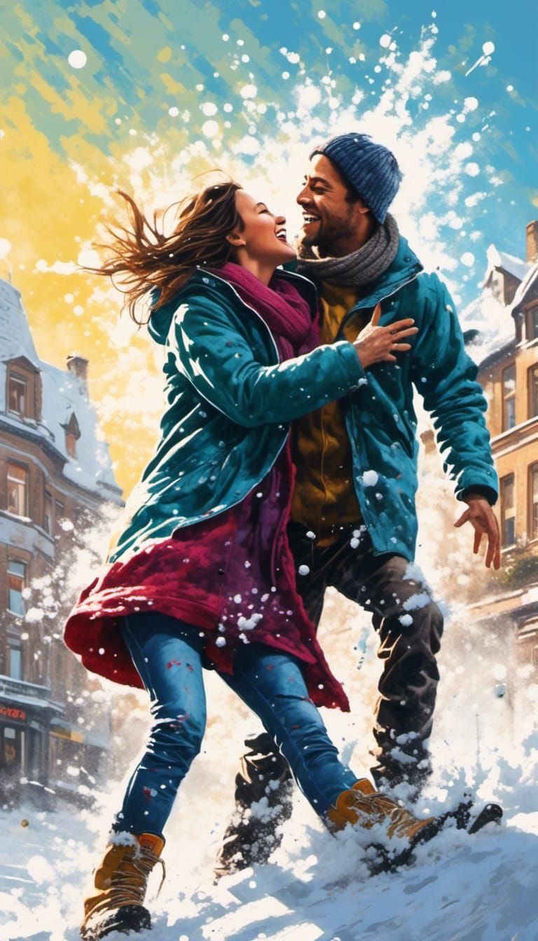 Joyful Lovers' Snowball Fight in Splash Art Style