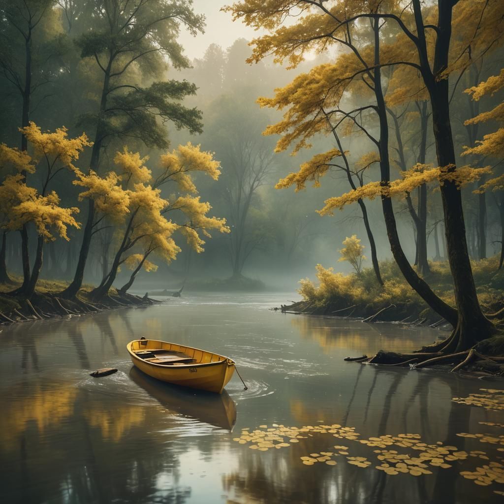 Rainy River Landscape with Yellow Boat, Oil Painting