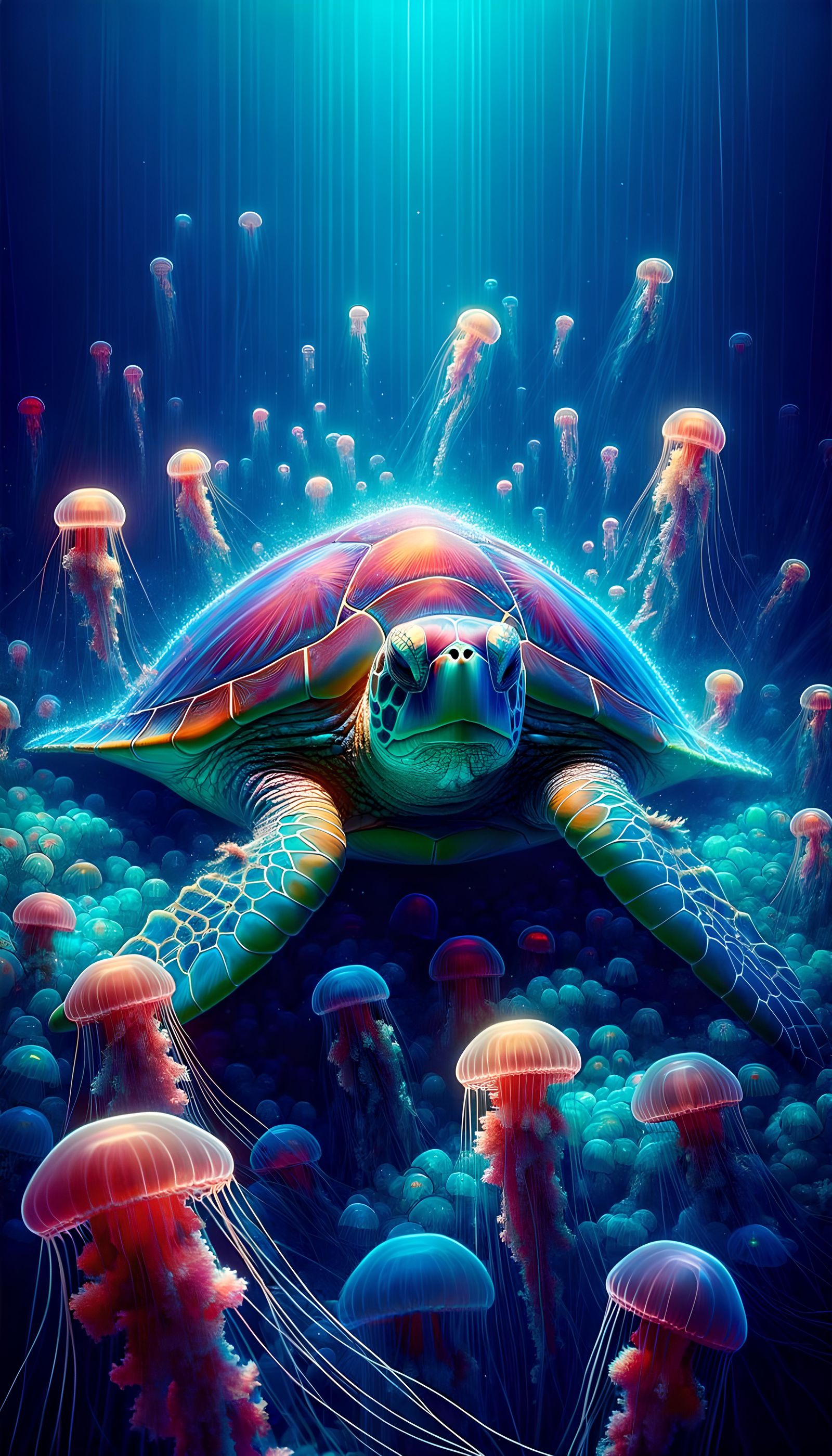 Sea Turtle Portrait with Jellyfish in Anime Style