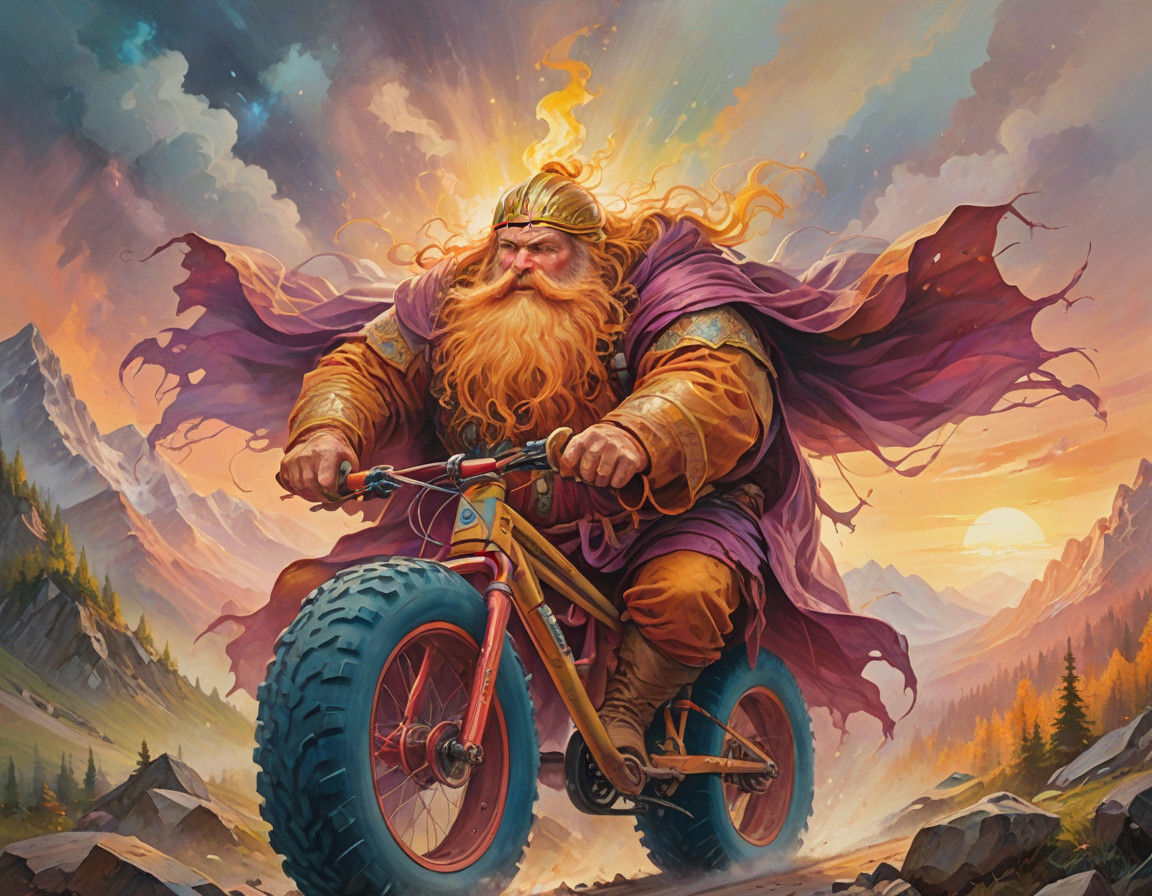 Majestic God on a Fatbike in Dreamlike Oil Painting