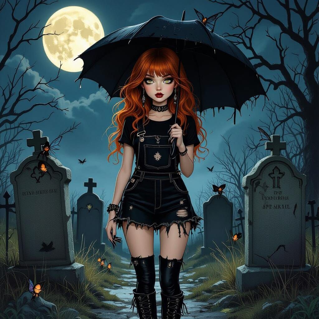 Gothic Fairy Cemetary at Night in Dark Fantasy Style
