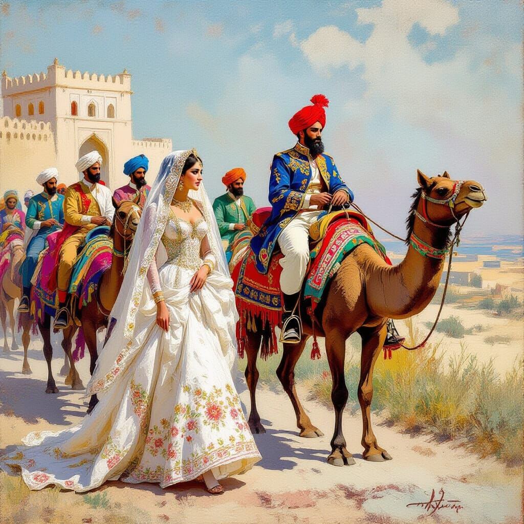 Bride Escorted by Horsemen and Camel, Painting Style