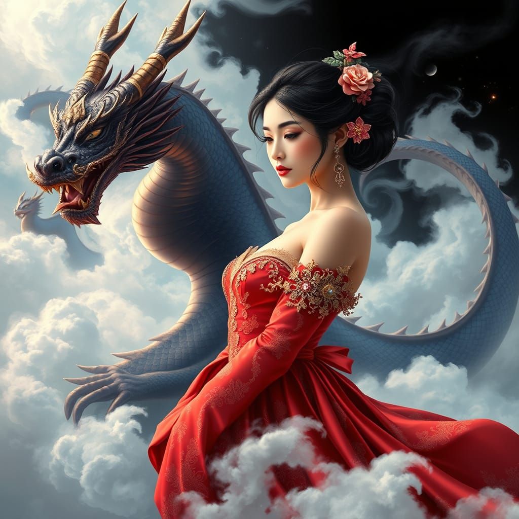 Ethereal Asian Goddess and Majestic Dragon in Traditional Ar...