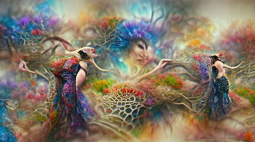 Woman Dancing in Surreal Sun and Moon Flower