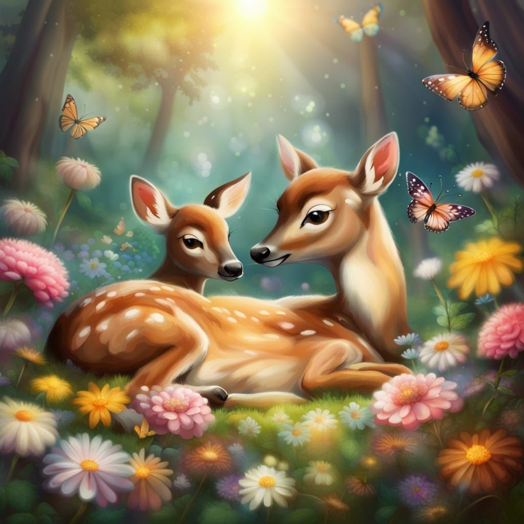 Sleeping Deer Family in Forest with Butterflies