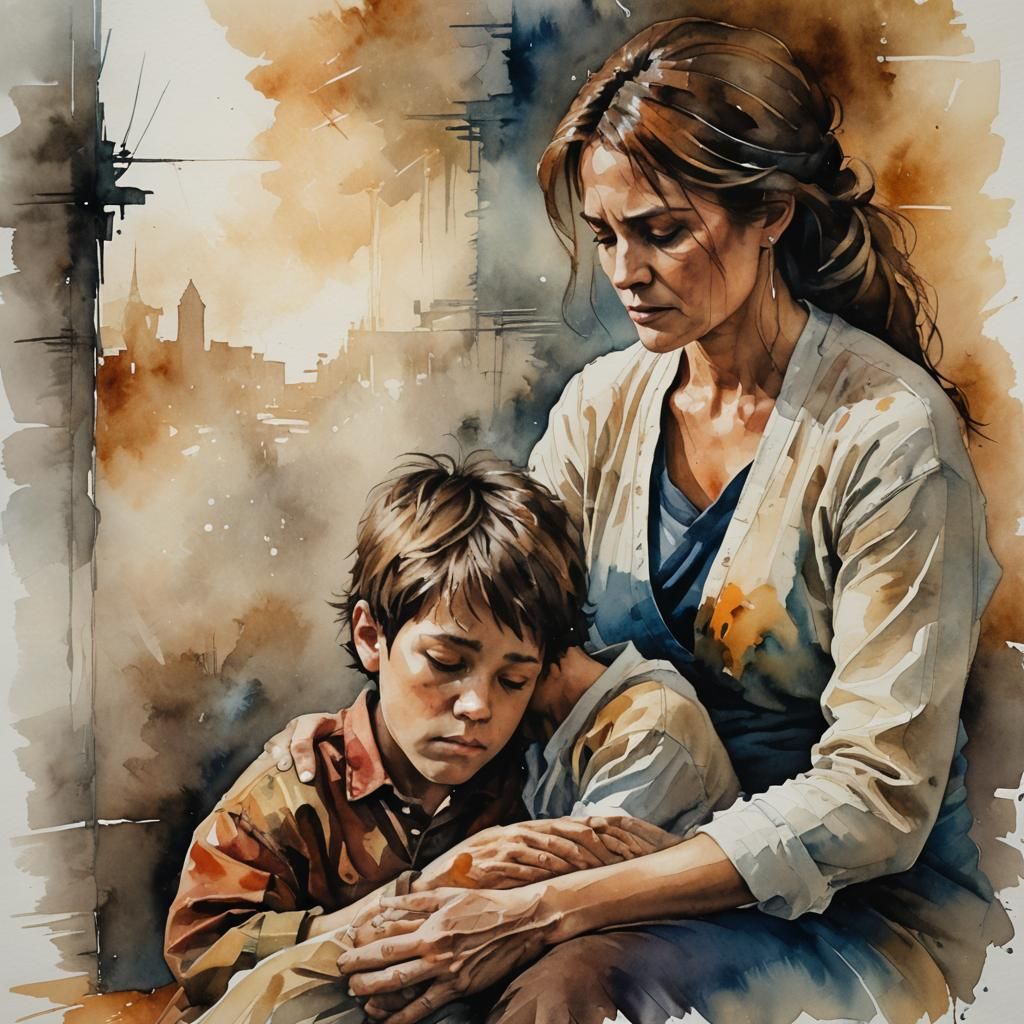 Worried Boy and Sick Mother: Ink Drawing