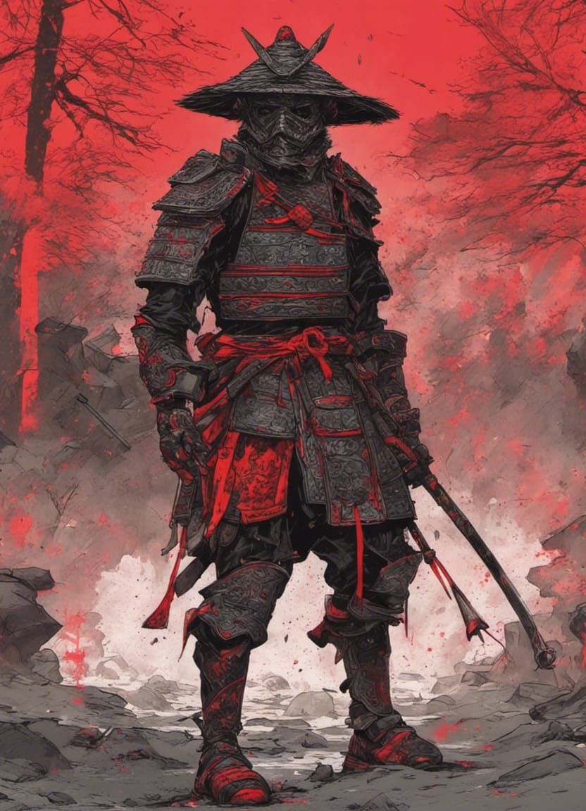 Ancient Samurai Warrior Leaving Battlefield in Myth Punk Sty...