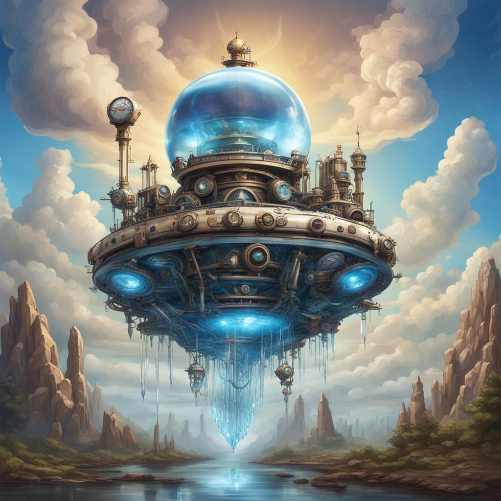 Steampunk Atlantis Crystal Temple with UFO