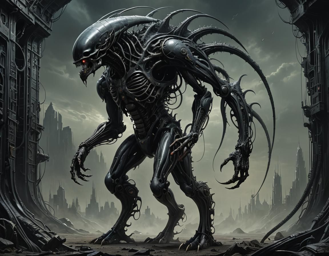 Biomechanical Monster Cryptid in Dark Sci-Fi Art