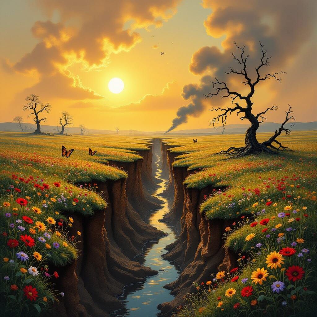 Contrasting Meadow: Serenity and Post-Apocalyptic Desolation