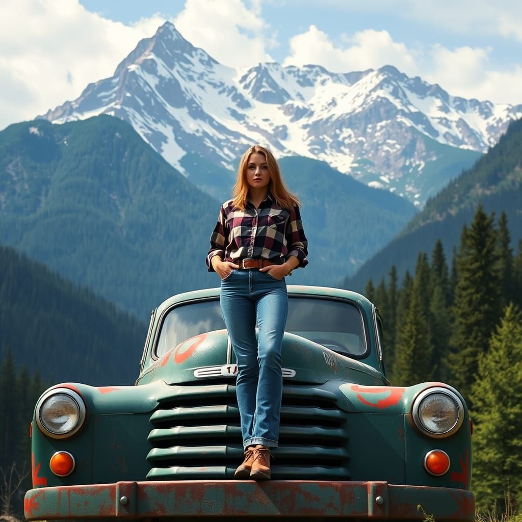 Woman on Vintage Truck with Mountain View