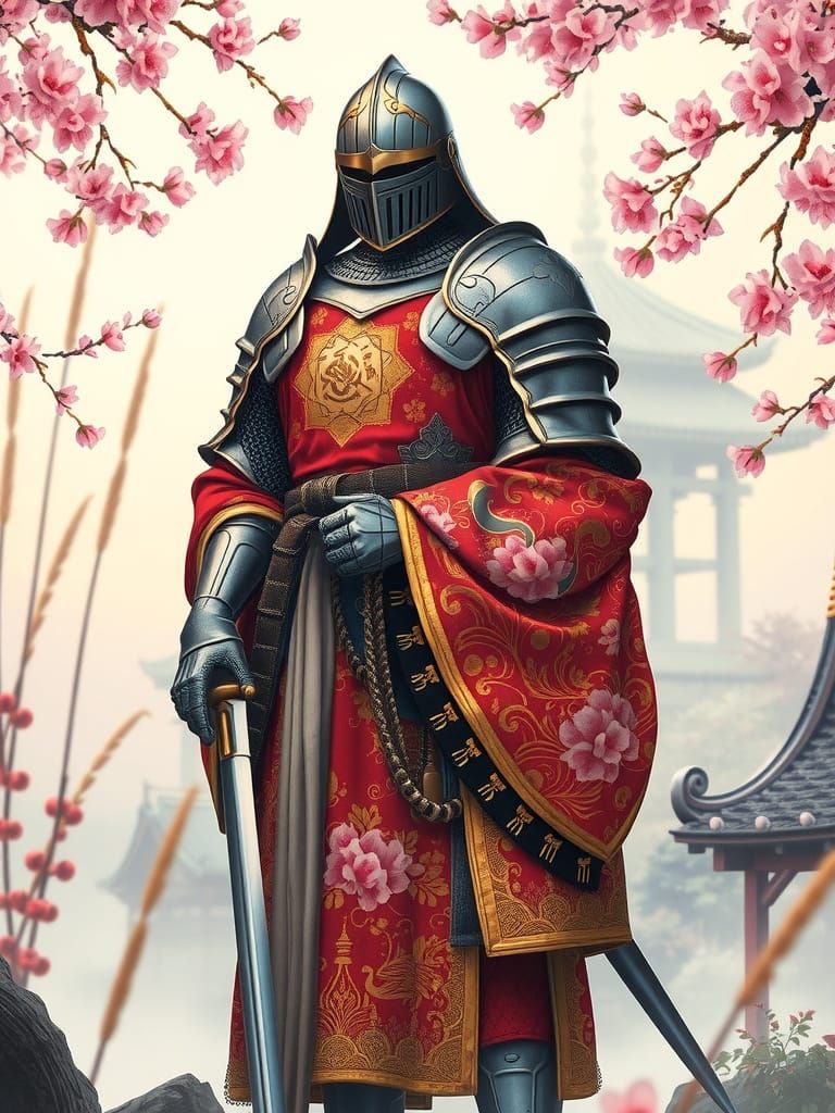 Armored Knight in Vibrant Kimono amidst Cherry Blossoms
