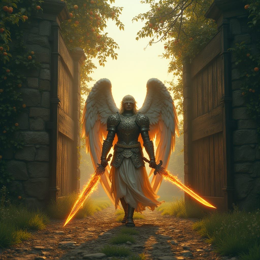 Angel of Fire Stands Guard Before Ancient Gate to Lush Orcha...