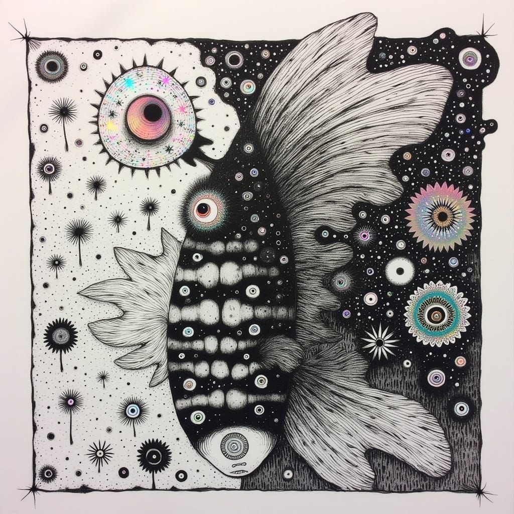 Flying Fish Over Starry Forest: Ink and Charcoal Art