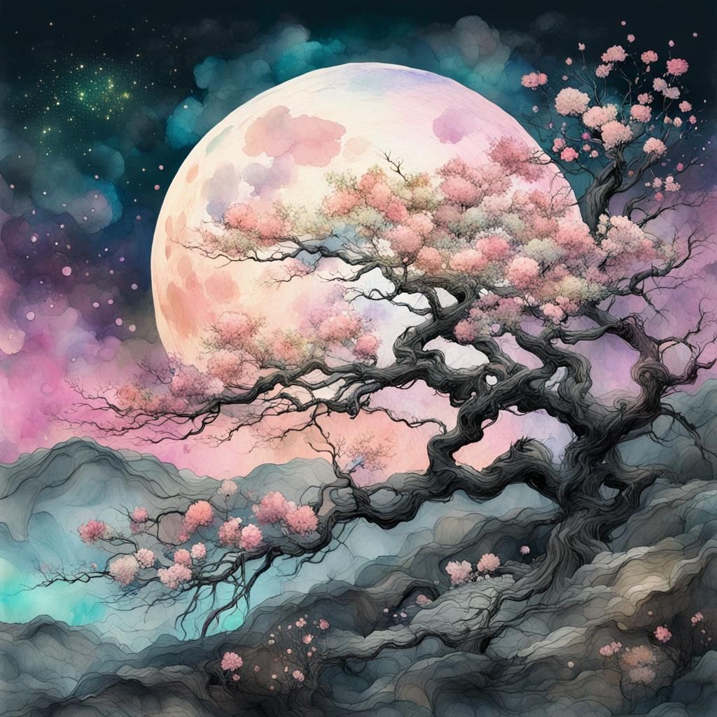 Pastel Moon Landscape with Flowering Branch
