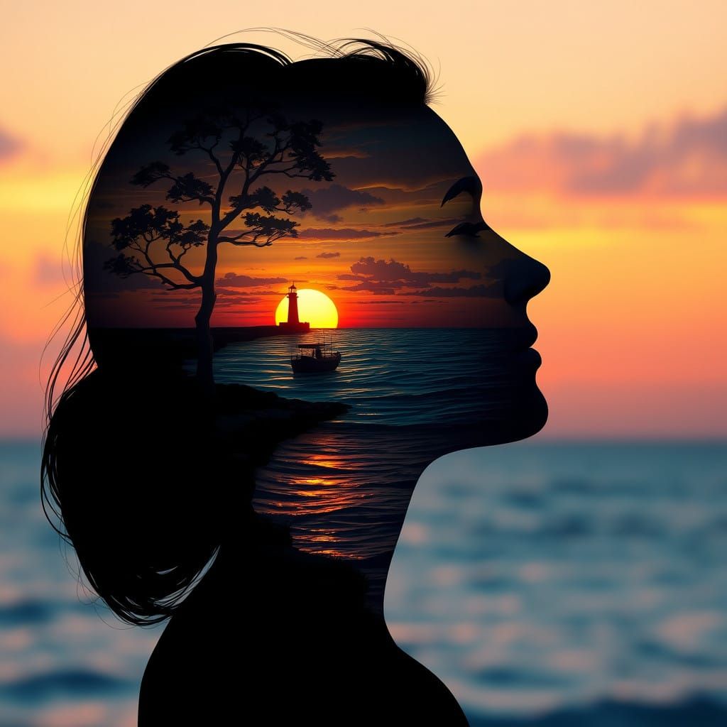 Serene Silhouette with Sunset Seascape and Lighthouse