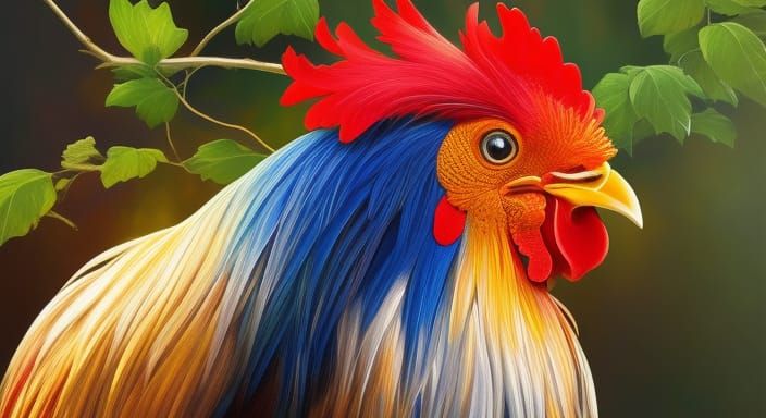 Colorful Rooster Portrait with Blooming Flowers