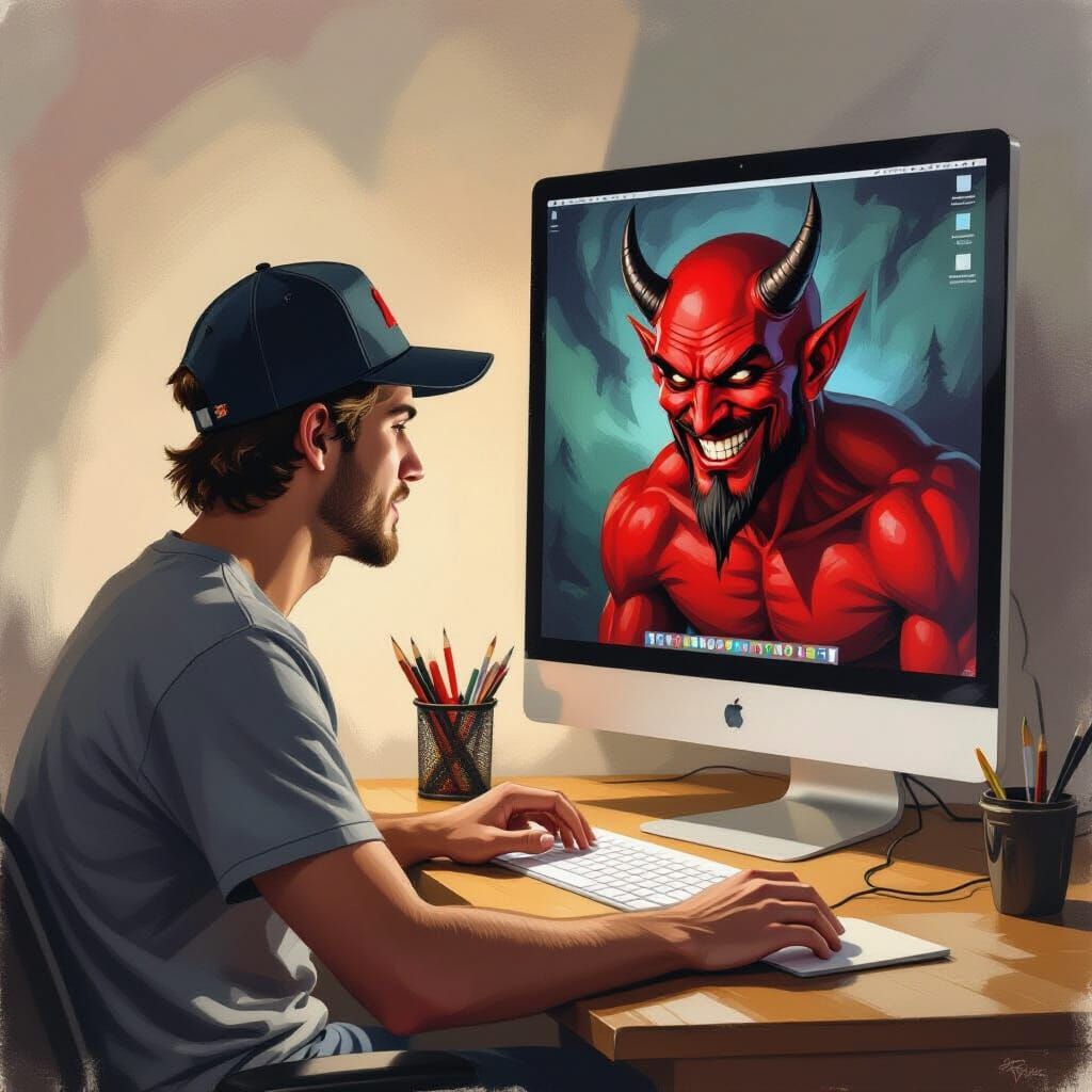 Temptation: Man, Computer, and Devil in Oil Paint