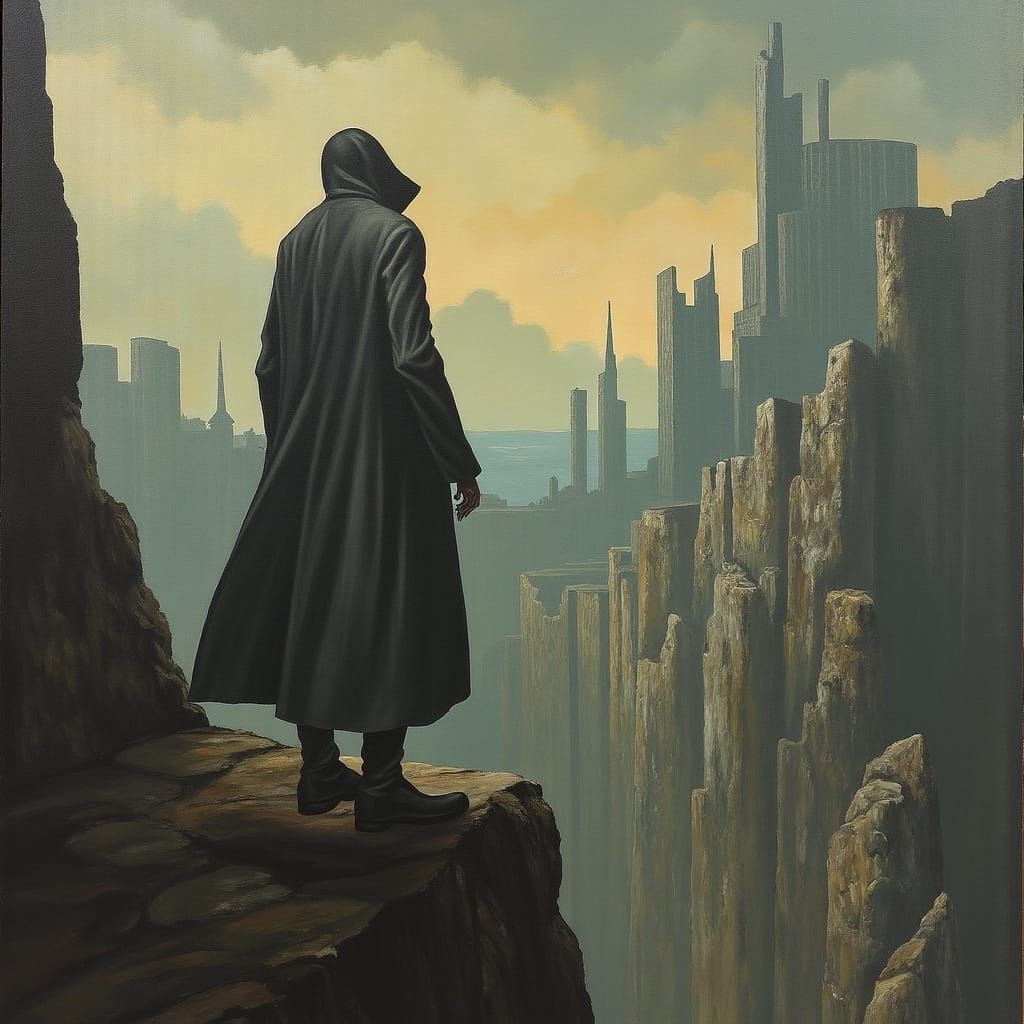 Dystopian Figure Overlooks Futuristic Ruins