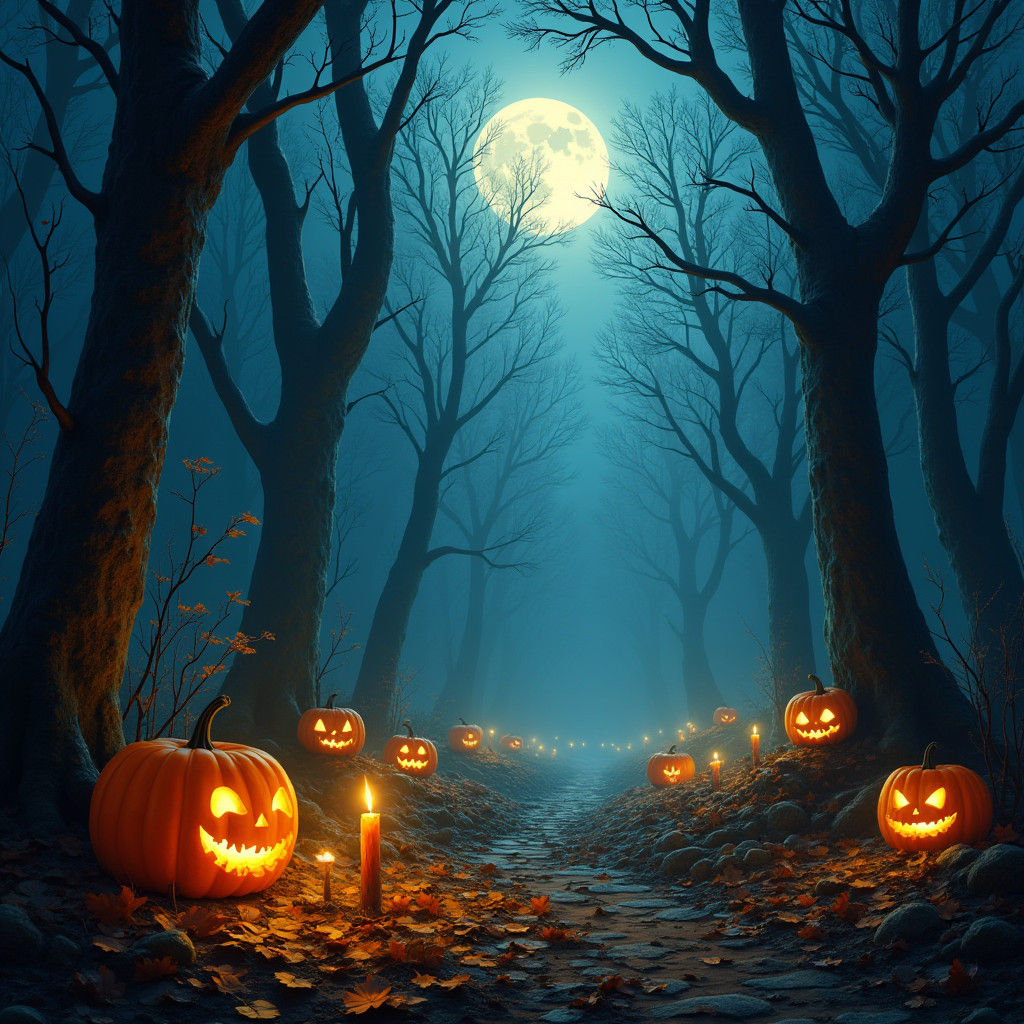 Ethereal Gothic Autumn Dreamscape with Jack-o'-Lanterns and...