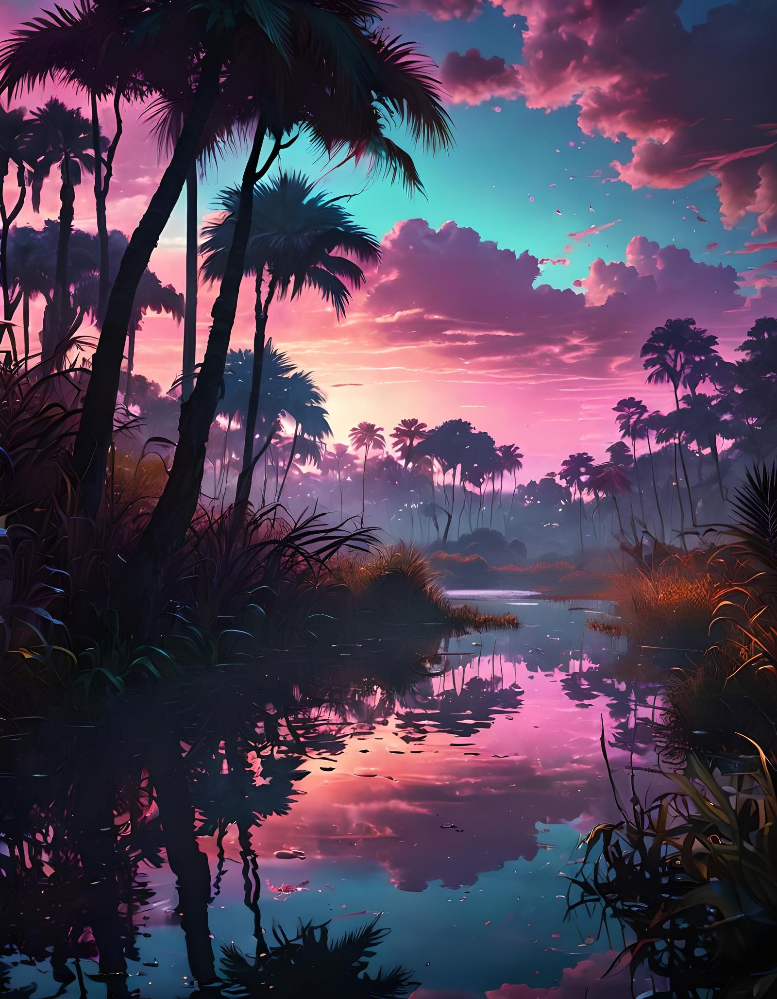 Vaporwave Heron Silhouette in Everglades