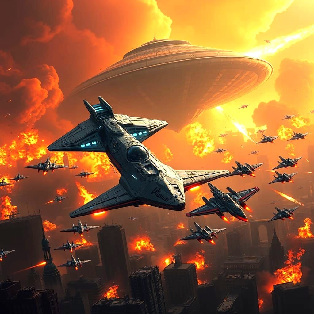 Epic War Battle Scene with Aircraft and Explosions