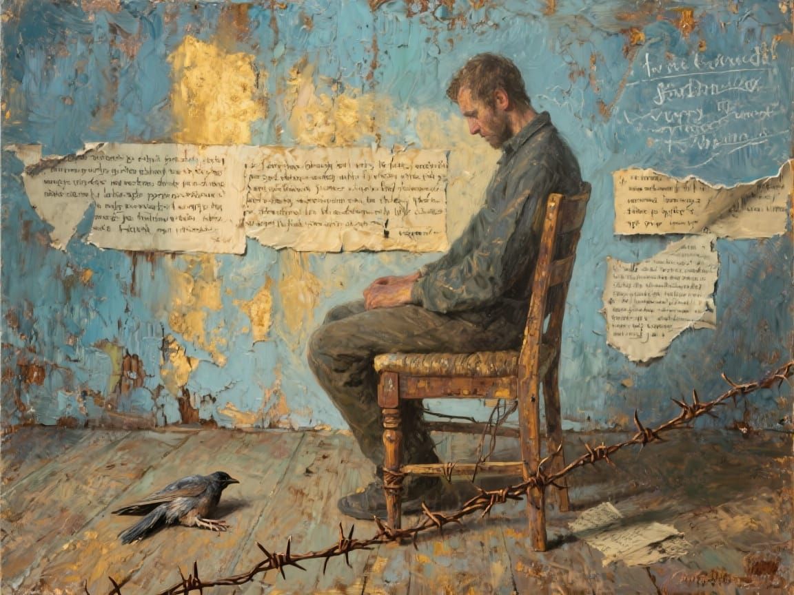 Rustic Oil Painting of Man in Worn Chair