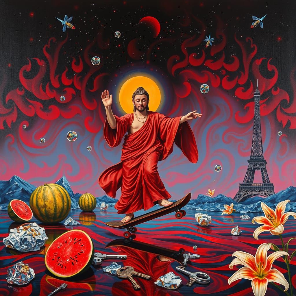 Surreal Night Skate: Buddha, Eiffel Tower, Watermelons in Ma...