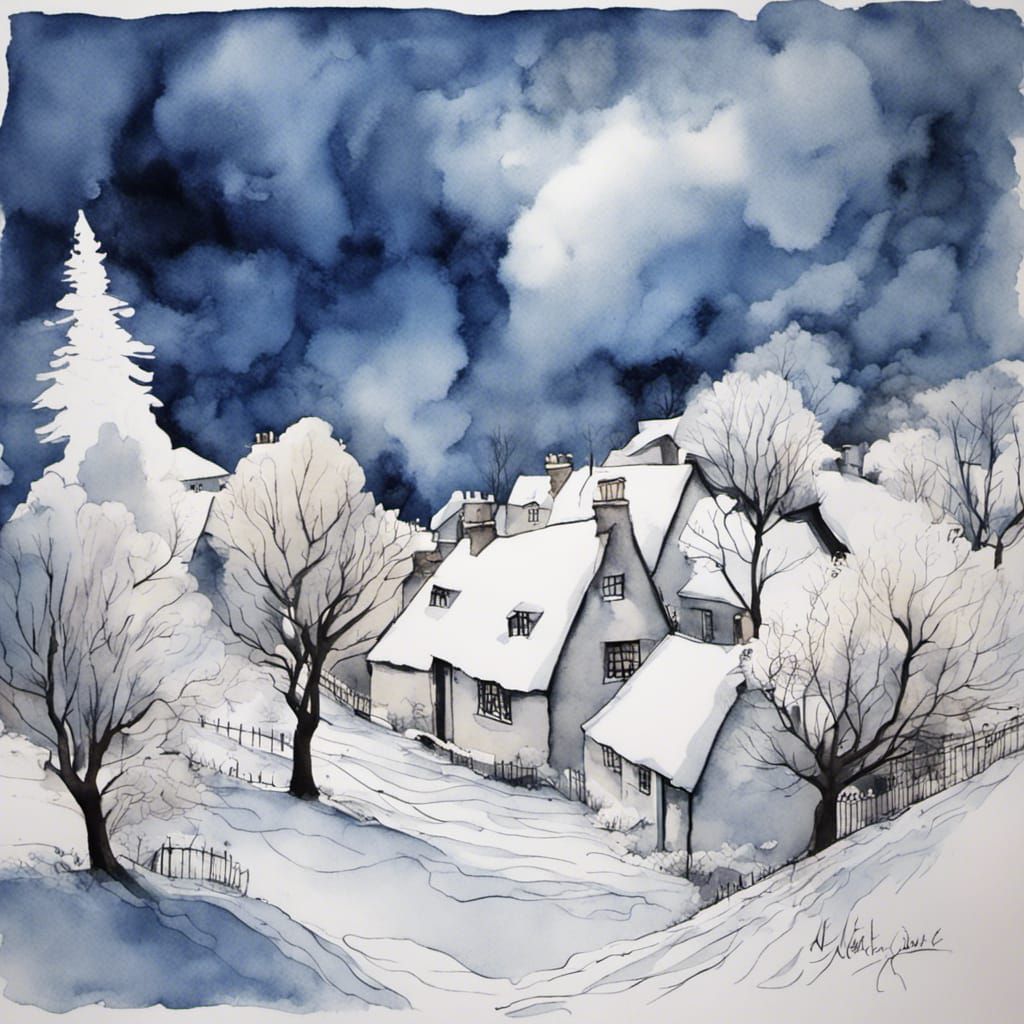 Blue Watercolour Cotswold Winter Landscape