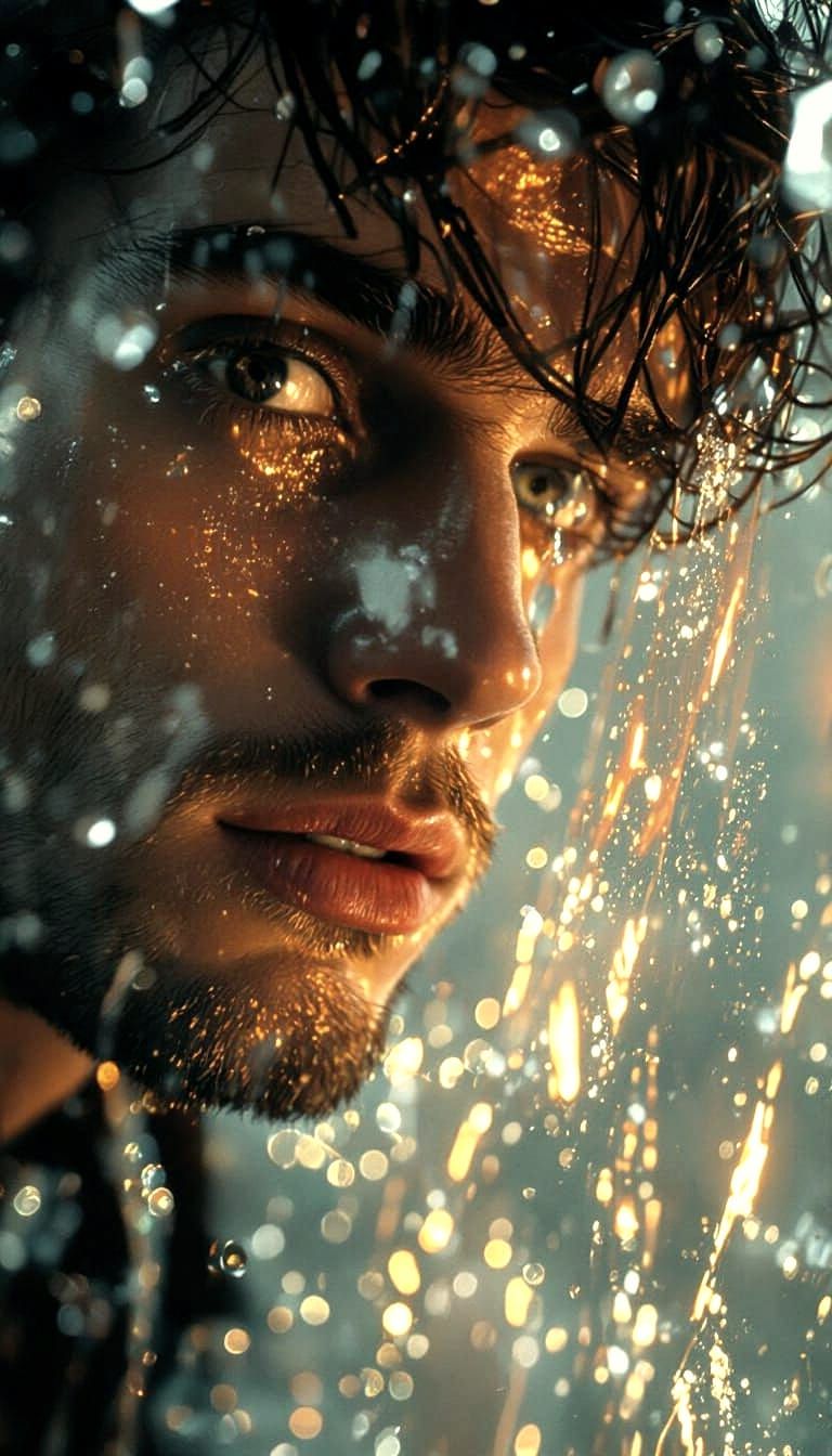 Man in Mirror Realm Amidst Flames in Golden Hour