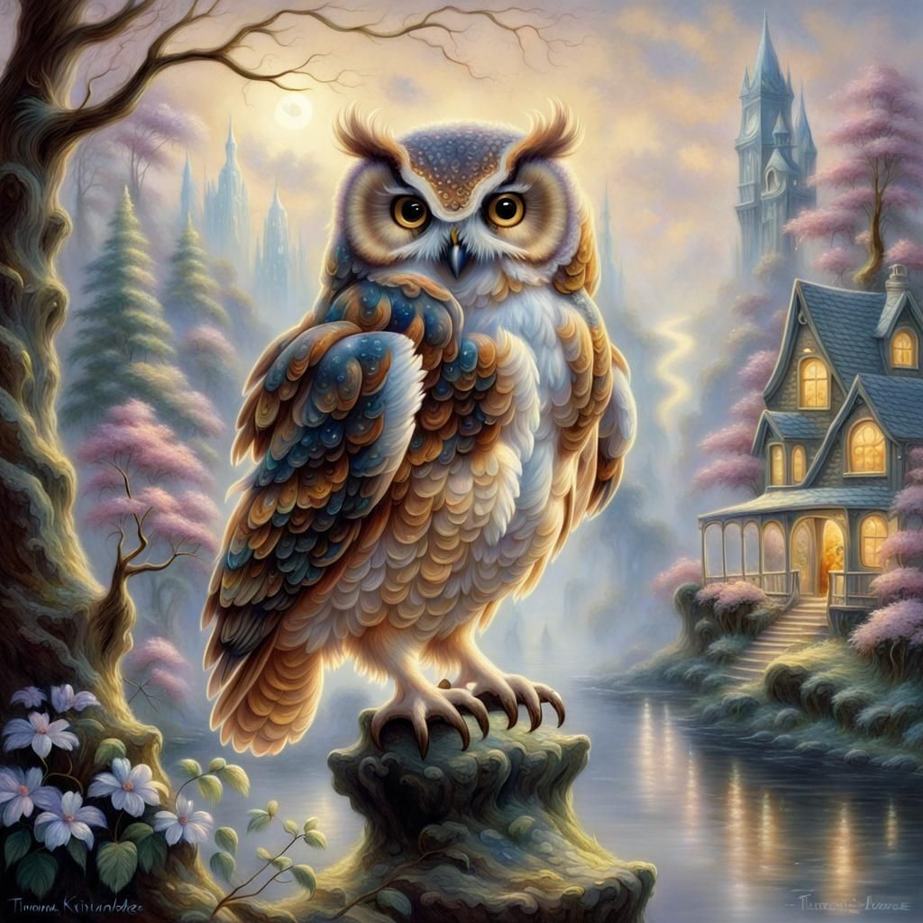 Ethereal Cute Owl in Thomas Kinkade Style