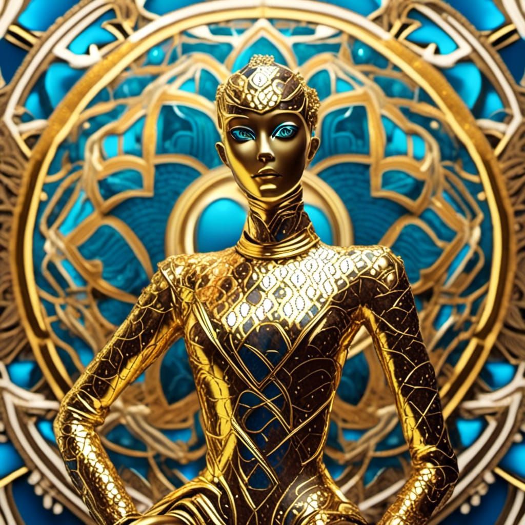 Golden Robot Portrait in Psychedelic Portal