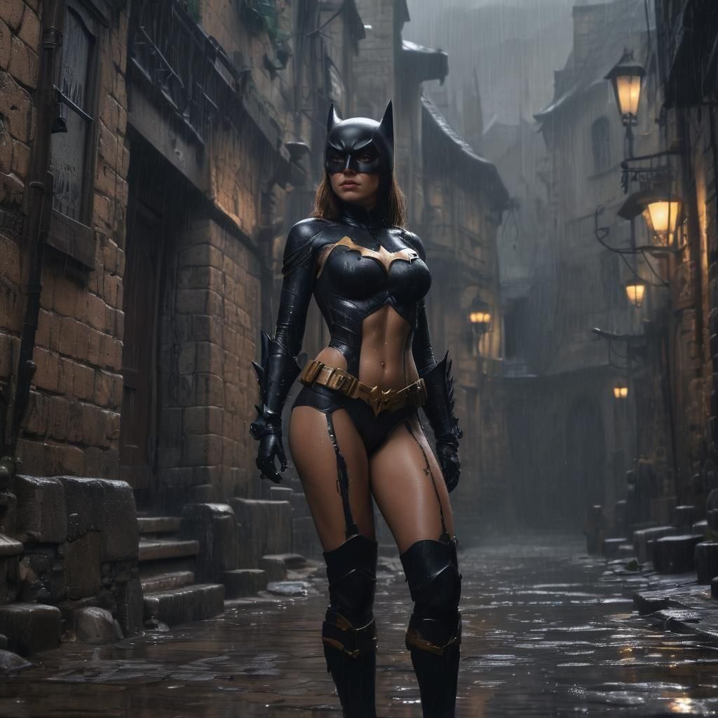 Curvy Batgirl in Rainy Medieval Alley