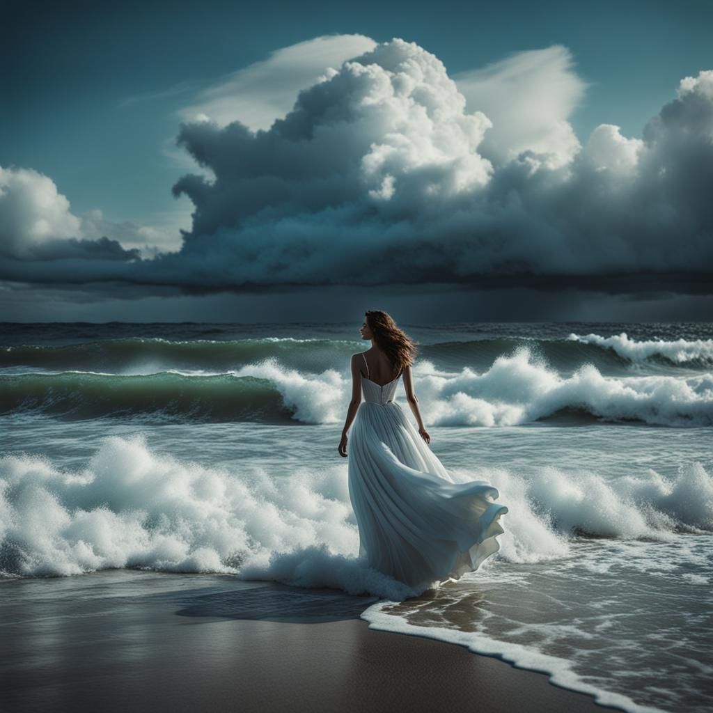 Woman in Cloud Dress on Wave, Realistic 8k