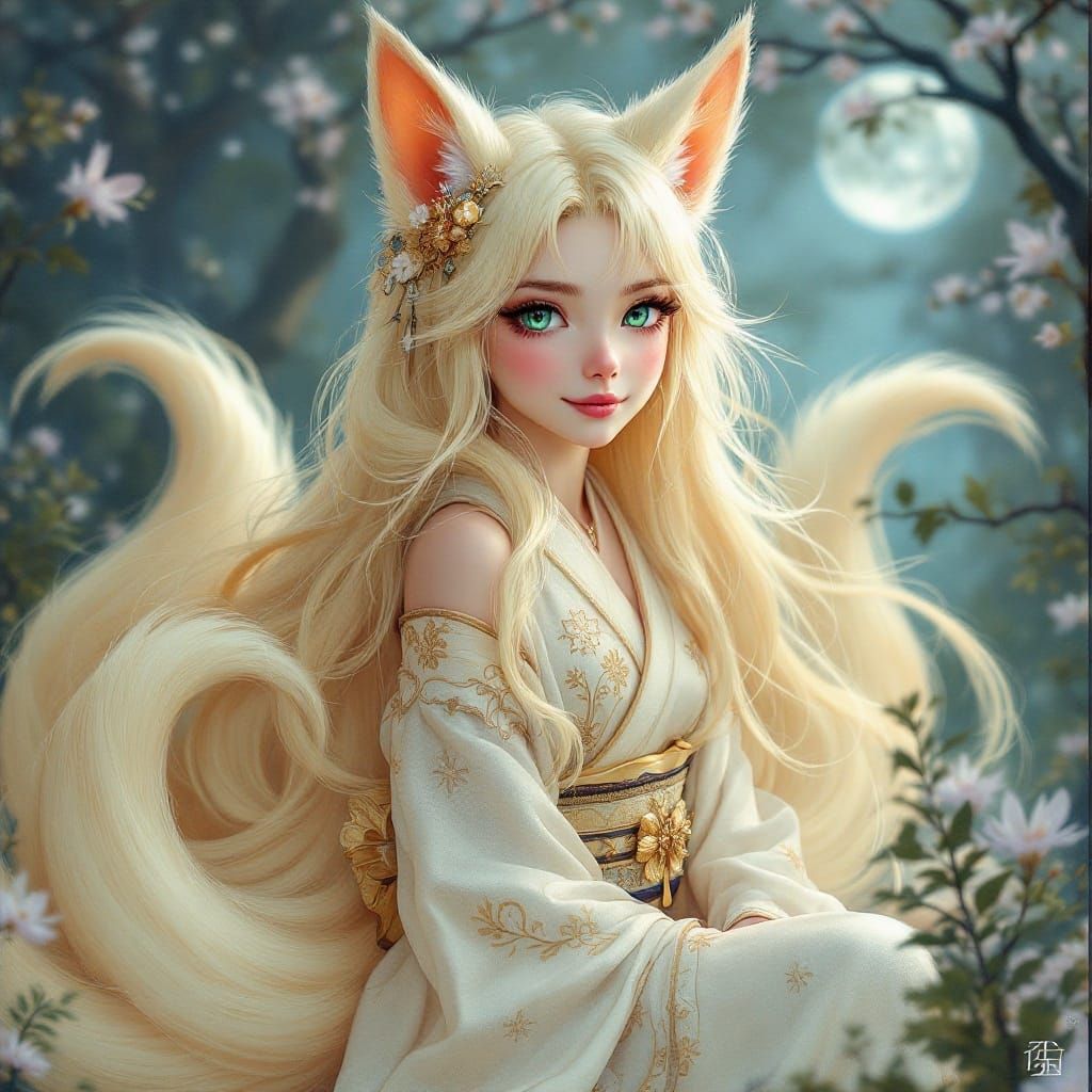 Whimsical Kitsune Girl in Moonlit Forest