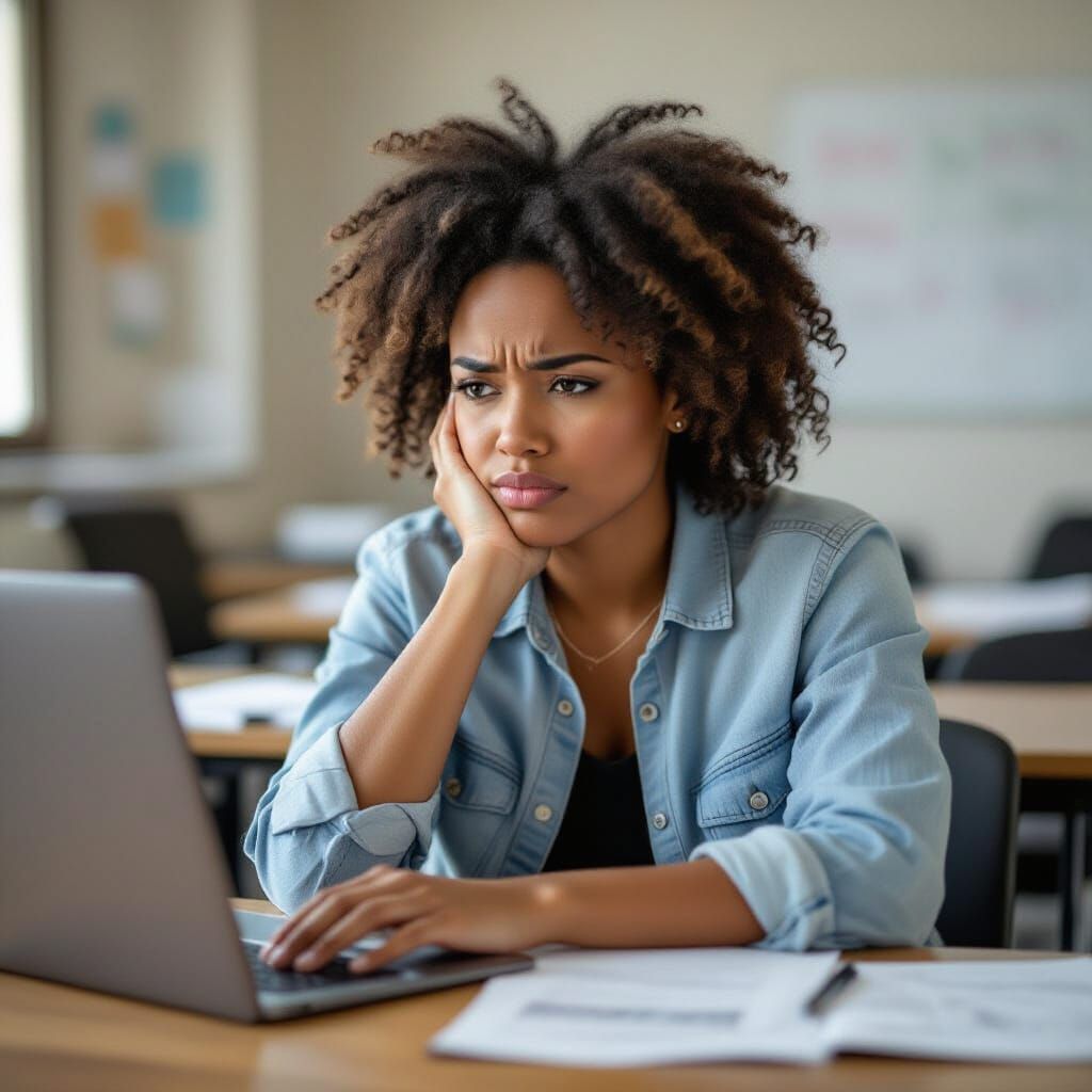 Frustrated Teacher Working Alone in Classroom